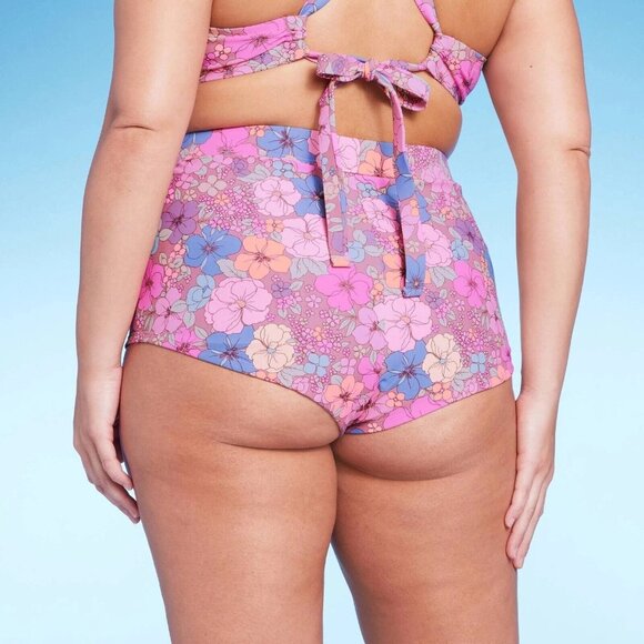 Wild Fable 1X 17/18 Purple Floral Print High Waist Cheeky Boy Shorts Swim Bottom - Picture 3 of 7